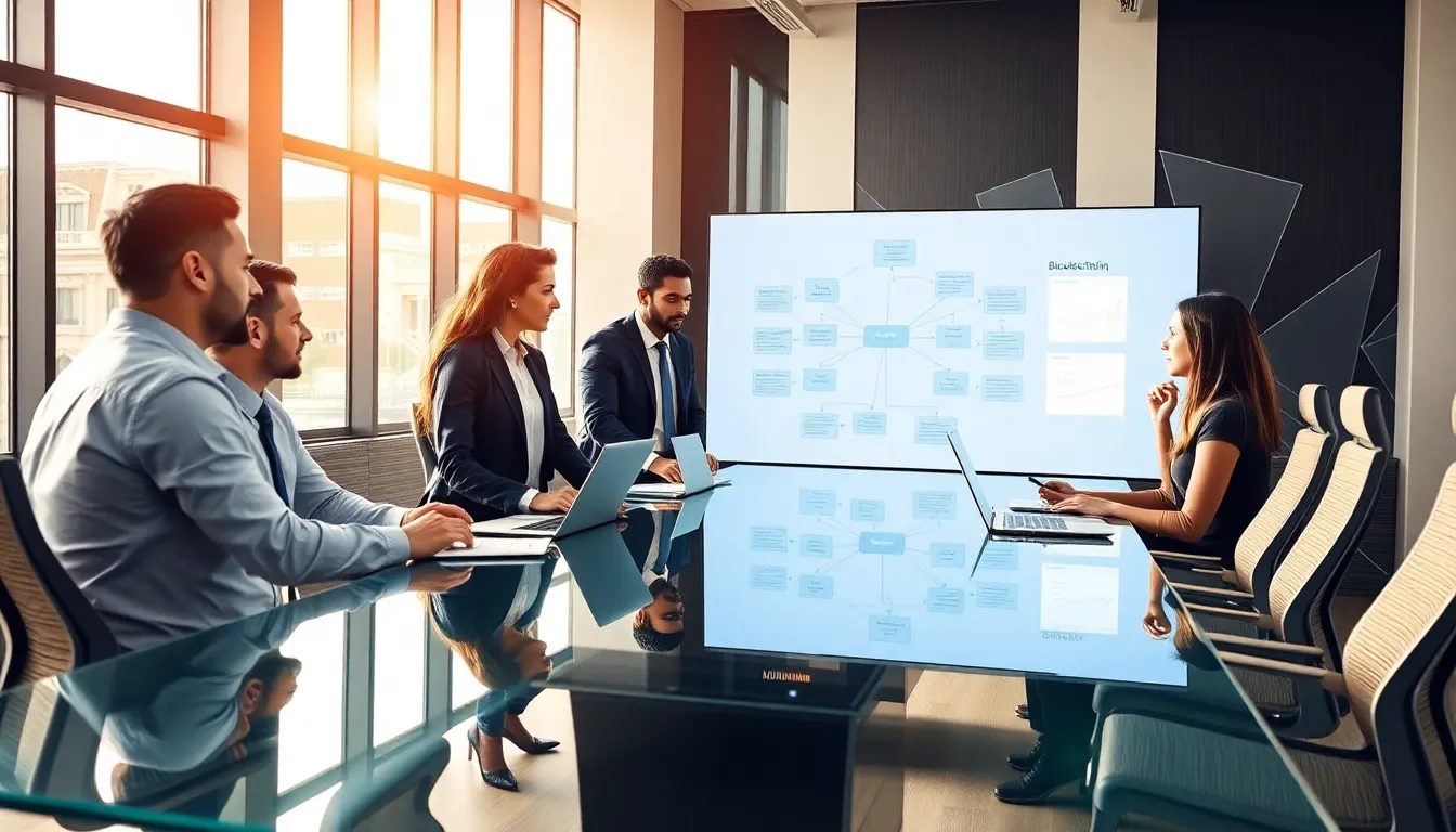 diverse team discussing blockchain technology in a modern office.