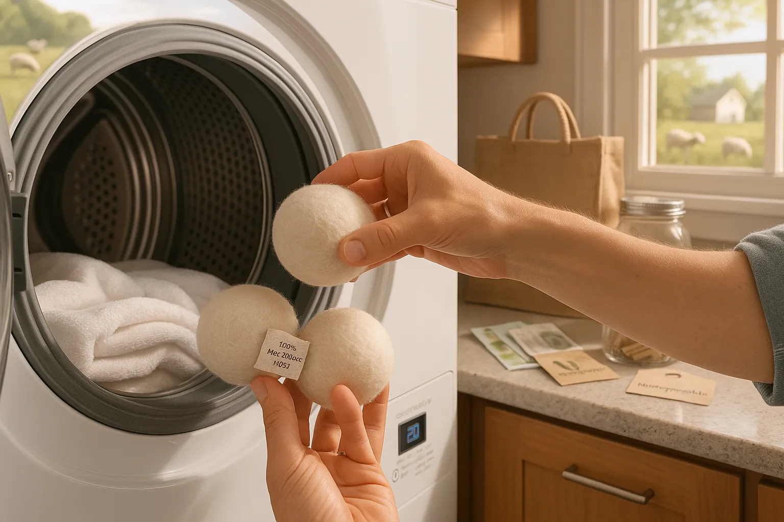 Hand placing 100% New Zealand wool dryer balls into an energy-efficient dryer.