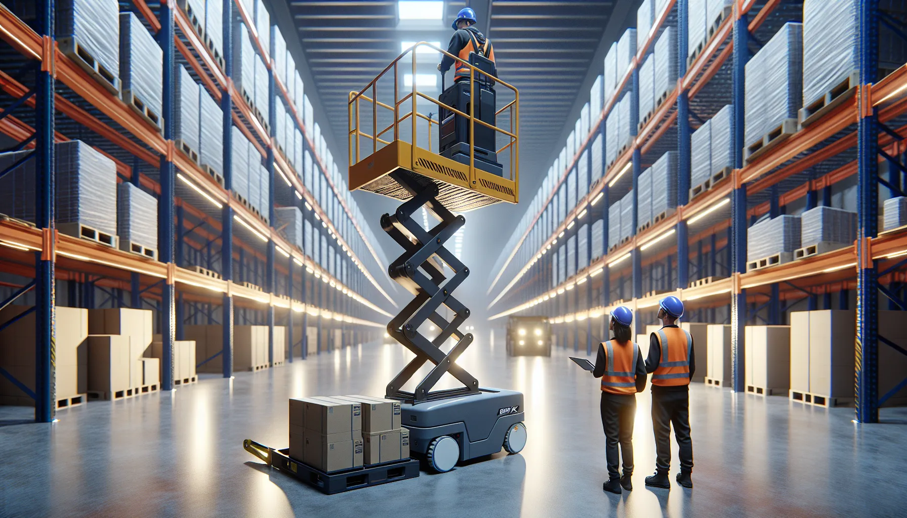 Two workers use an electric scissor lift to reach high warehouse shelves safely.