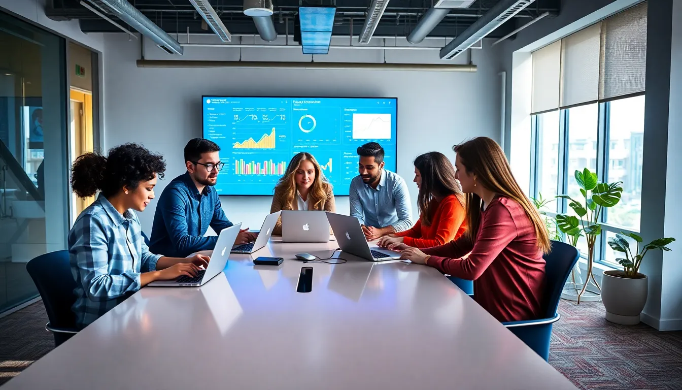 diverse team collaborating in a modern startup office setting.