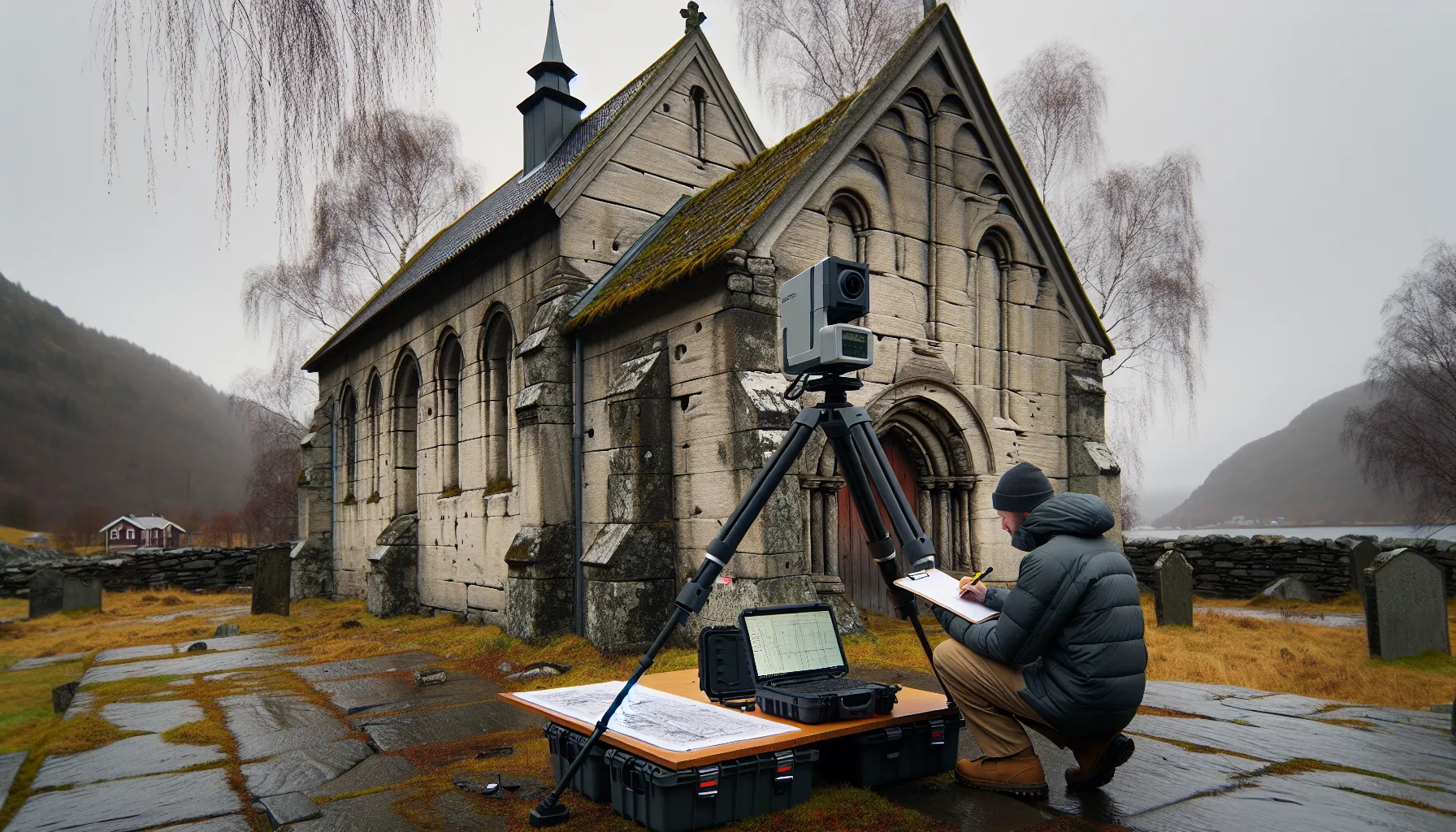 Conservation experts 3d-scan and document a historic norwegian stone church facade.