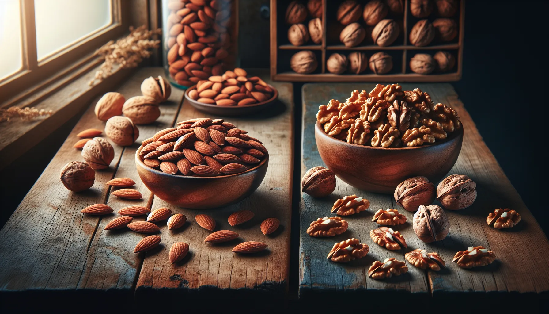 A comparative display of almonds and walnuts in wooden bowls.