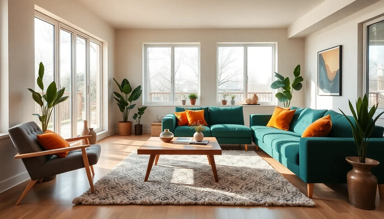 a modern living room with an inviting interior design featuring bold colors.