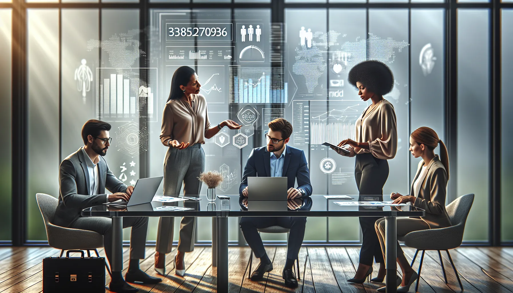 diverse professionals discussing the applications of a key number in a modern office.