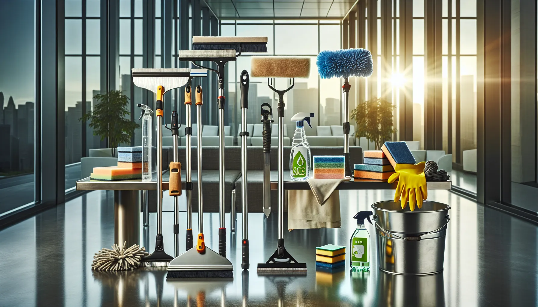 Professional window cleaning tools arranged on a workstation in a modern office.
