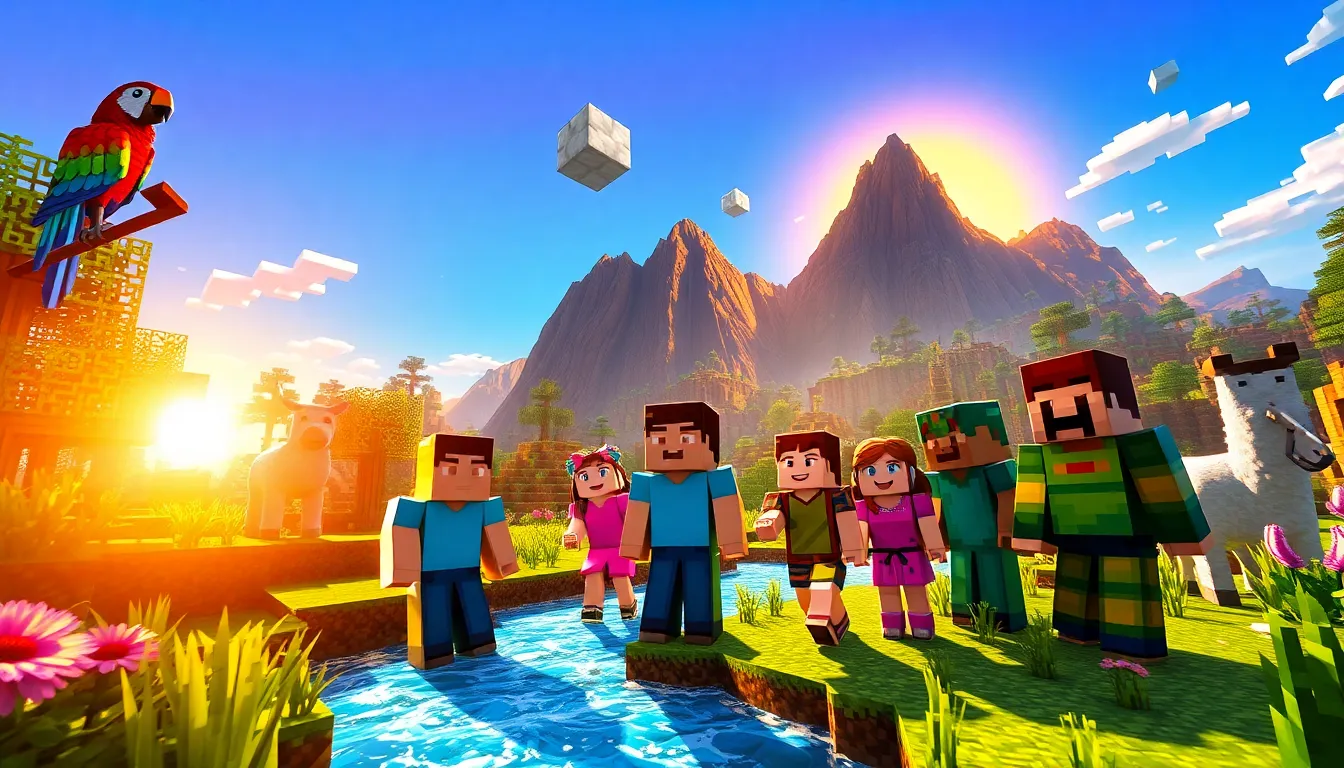 Minecraft characters exploring a vibrant new biome in a sunset setting.