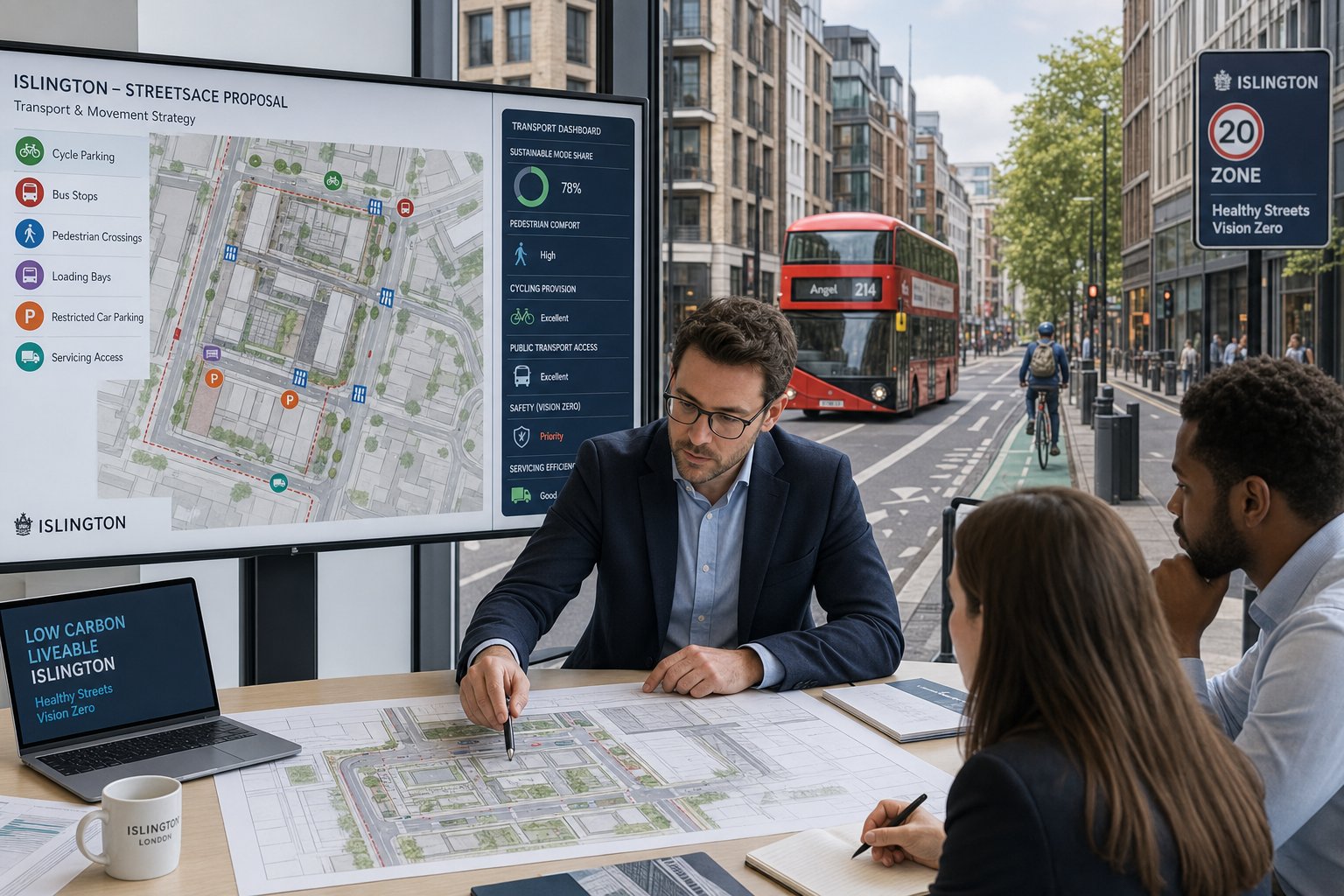 Traffic engineer reviewing Islington street design and transport planning details.