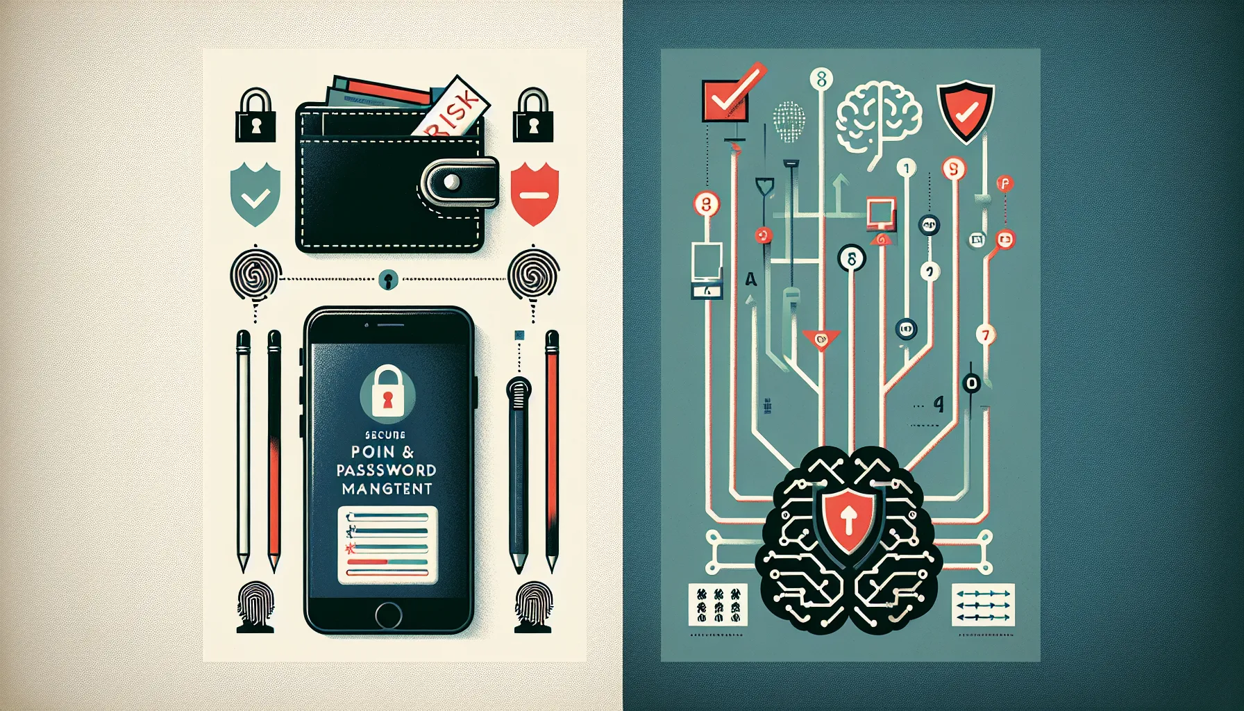 Infographic showing secure alternatives to carrying PINs in wallets, featuring password managers and memory techniques.