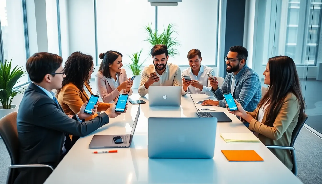 diverse professionals discussing P2P payment apps in a modern office.
