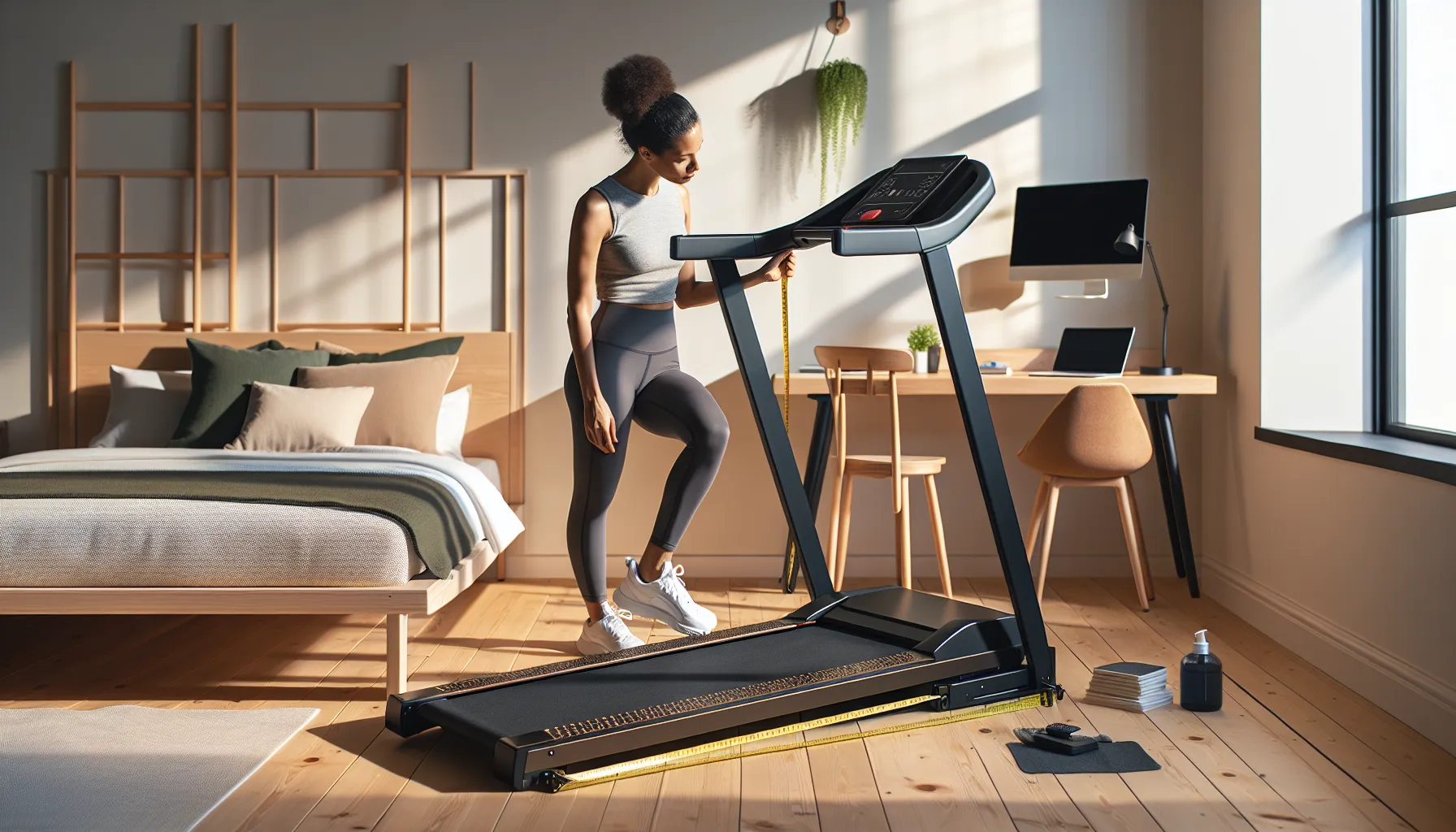 Woman measures clearance to slide a folding treadmill under a platform bed.