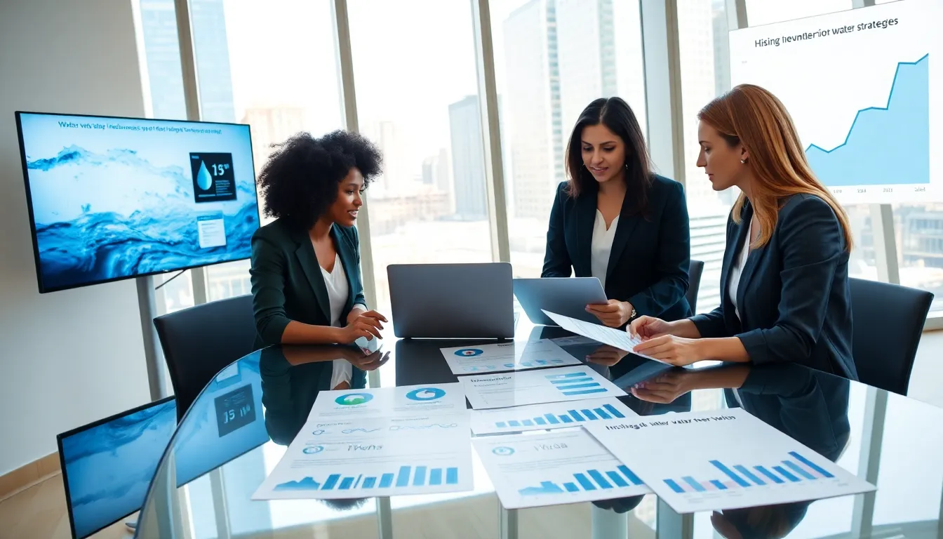 professionals discussing water investment strategies in a modern conference room.