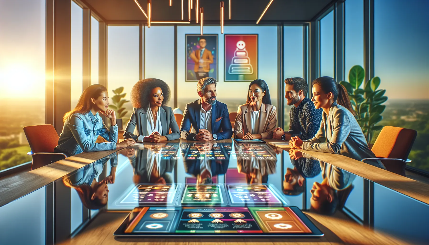 diverse team collaborating in a modern office through gamification activities.