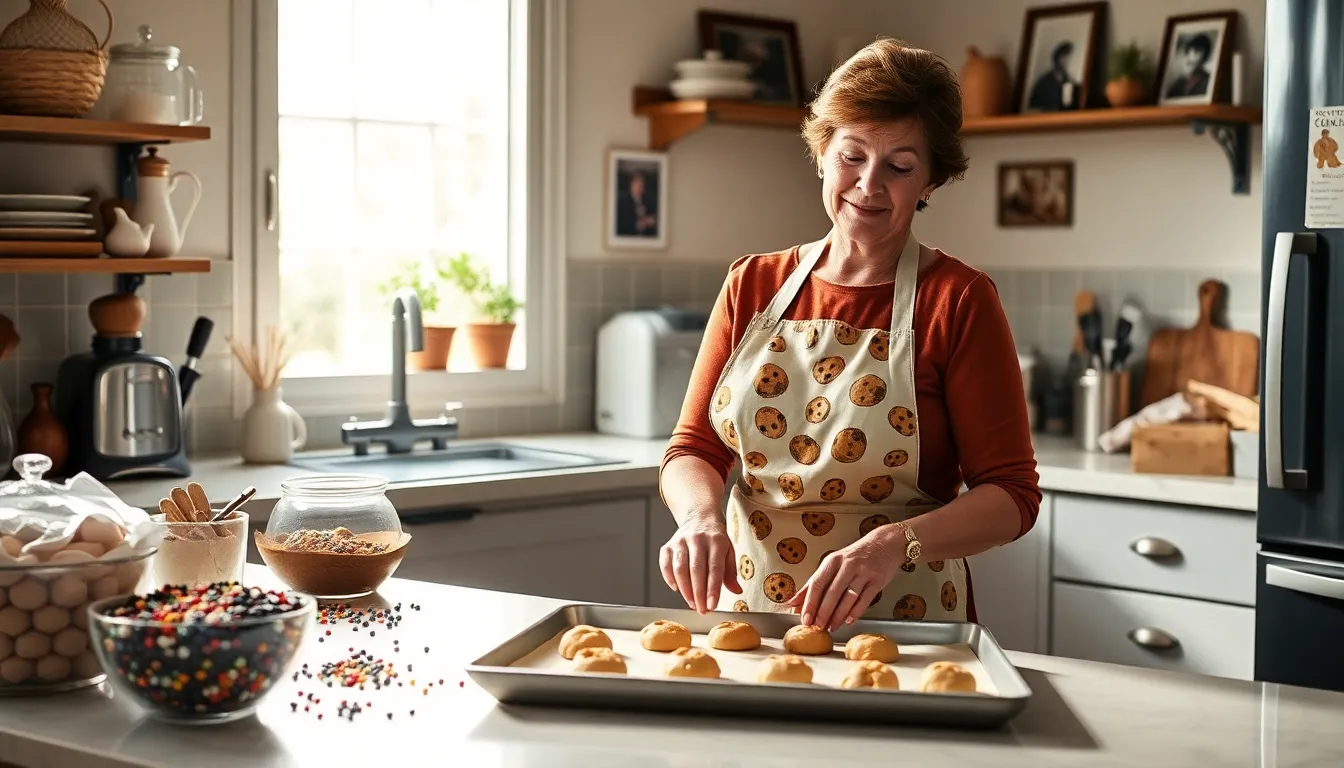 Mary baking cookies in a warm, inviting kitchen.