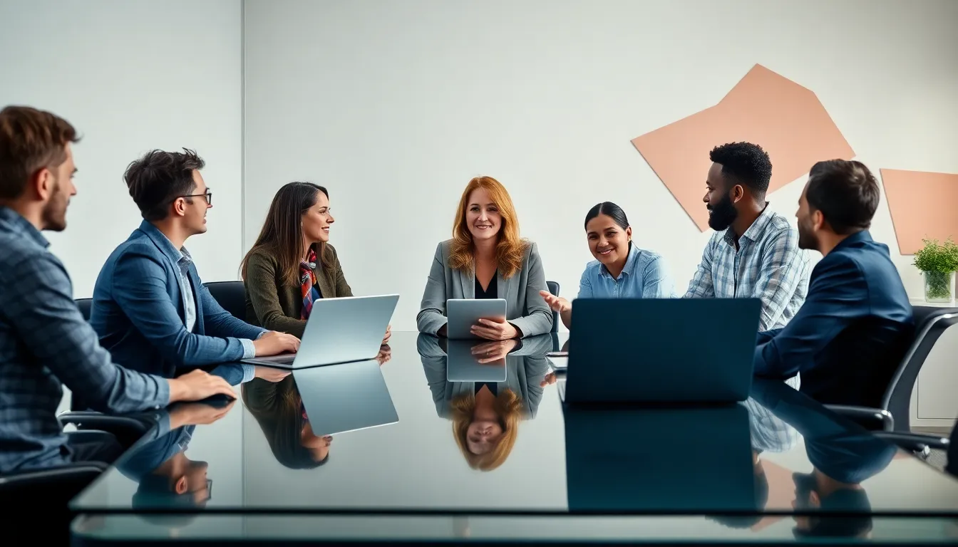 Stacy Klinger consulting with a diverse team in a modern office setting.