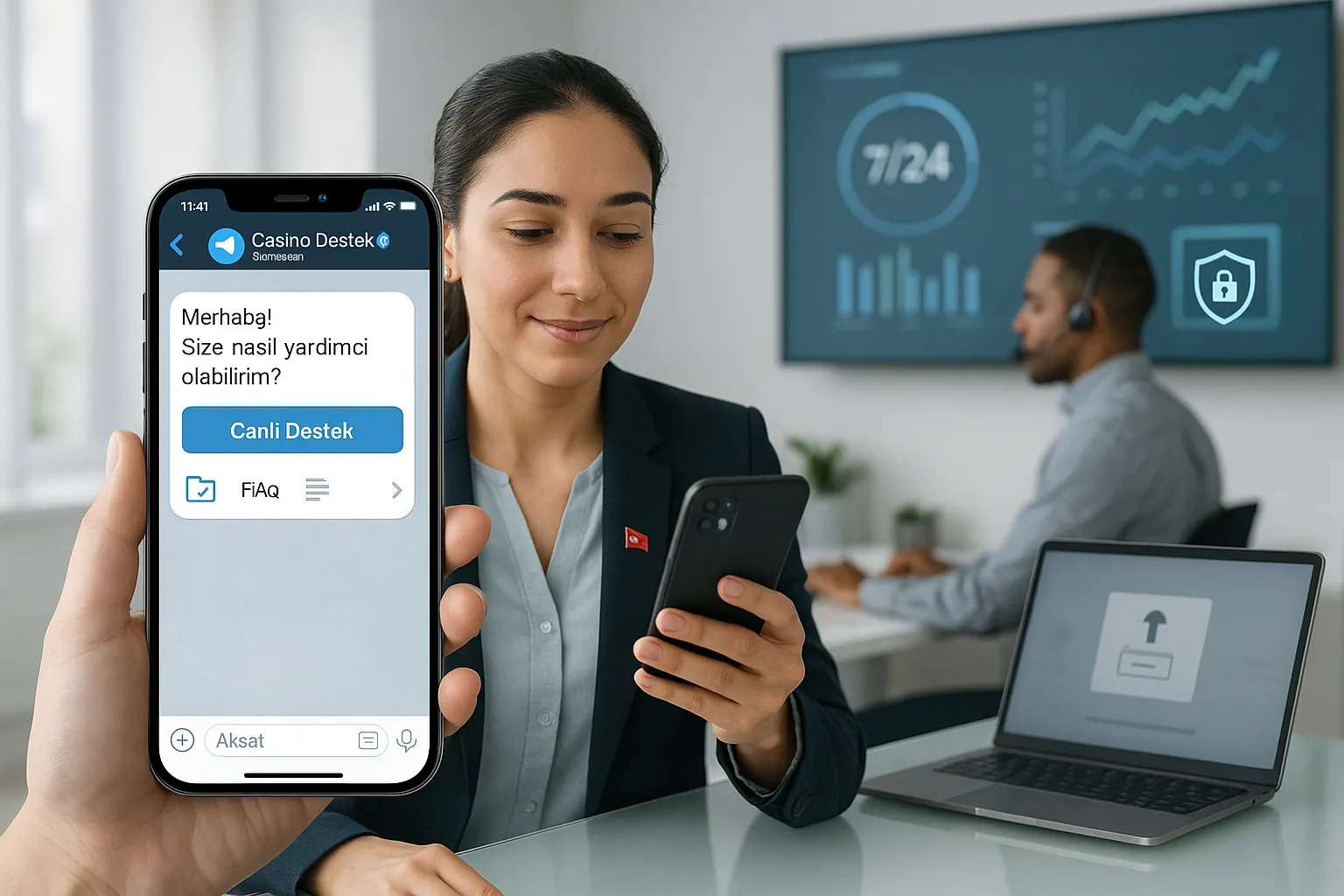 Support agent showing Telegram chat with verification and secure upload icons.
