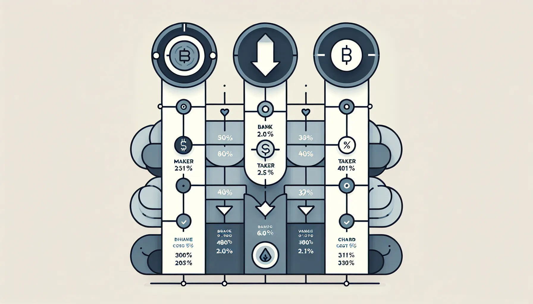 Layered infographic showing three types of crypto exchange fees and cost comparisons.
