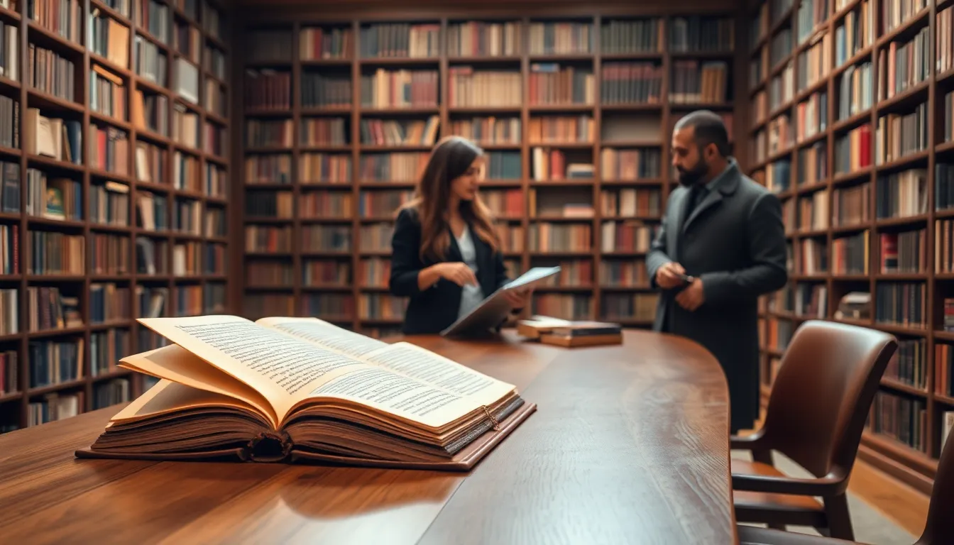 diverse scholars discussing a historical manuscript in a warm library setting.