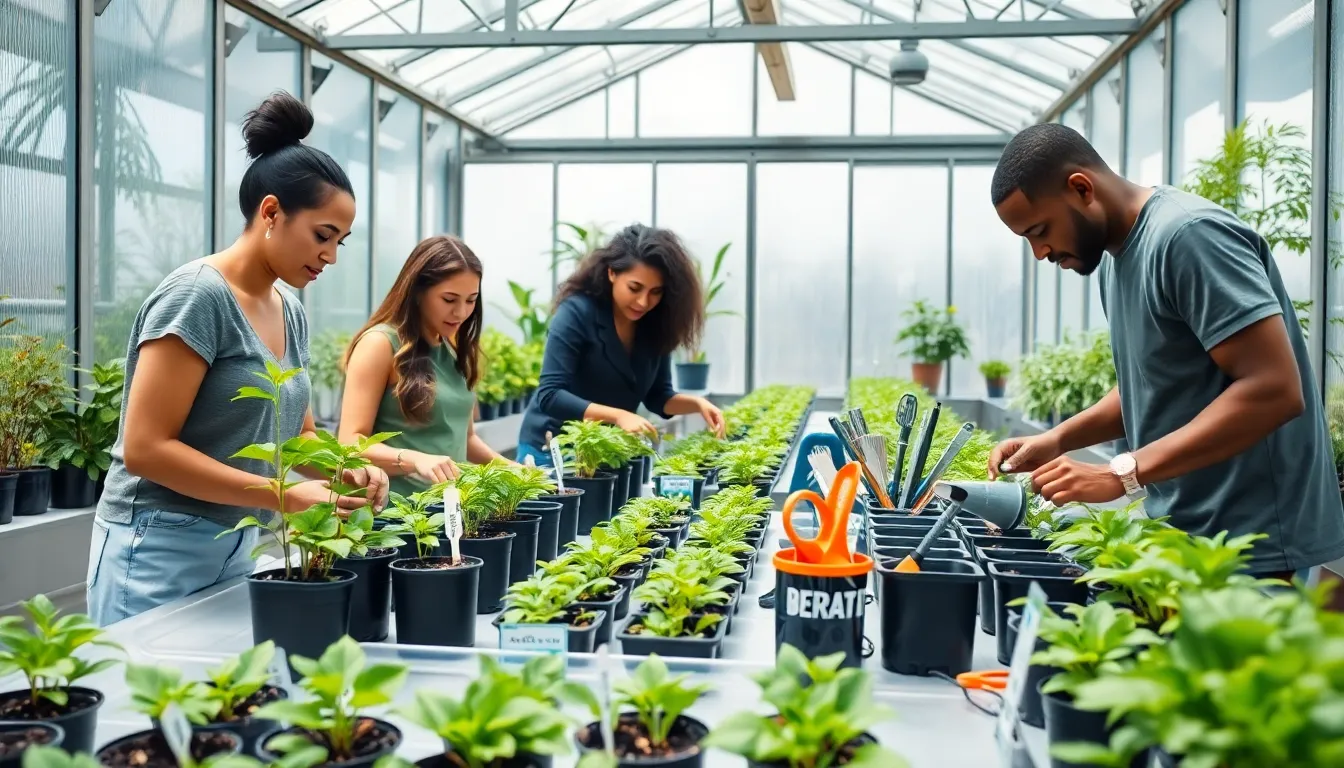 diverse beginners planting in a modern greenhouse gardening setting.
