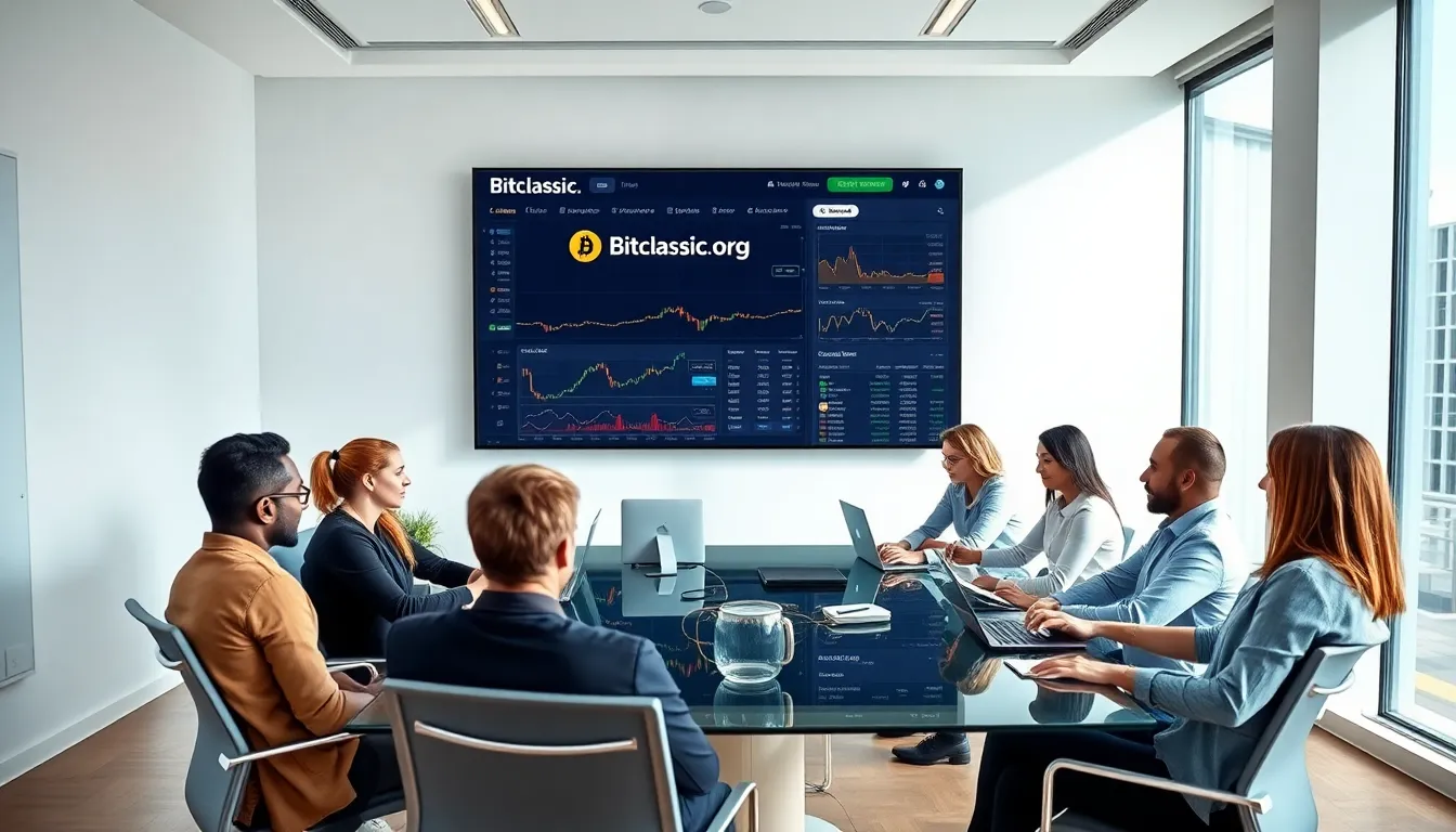 diverse team analyzing cryptocurrency strategies in a modern office.