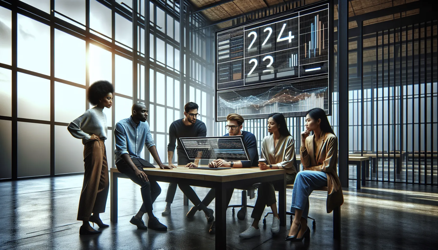 diverse team analyzing data in a modern office setting.