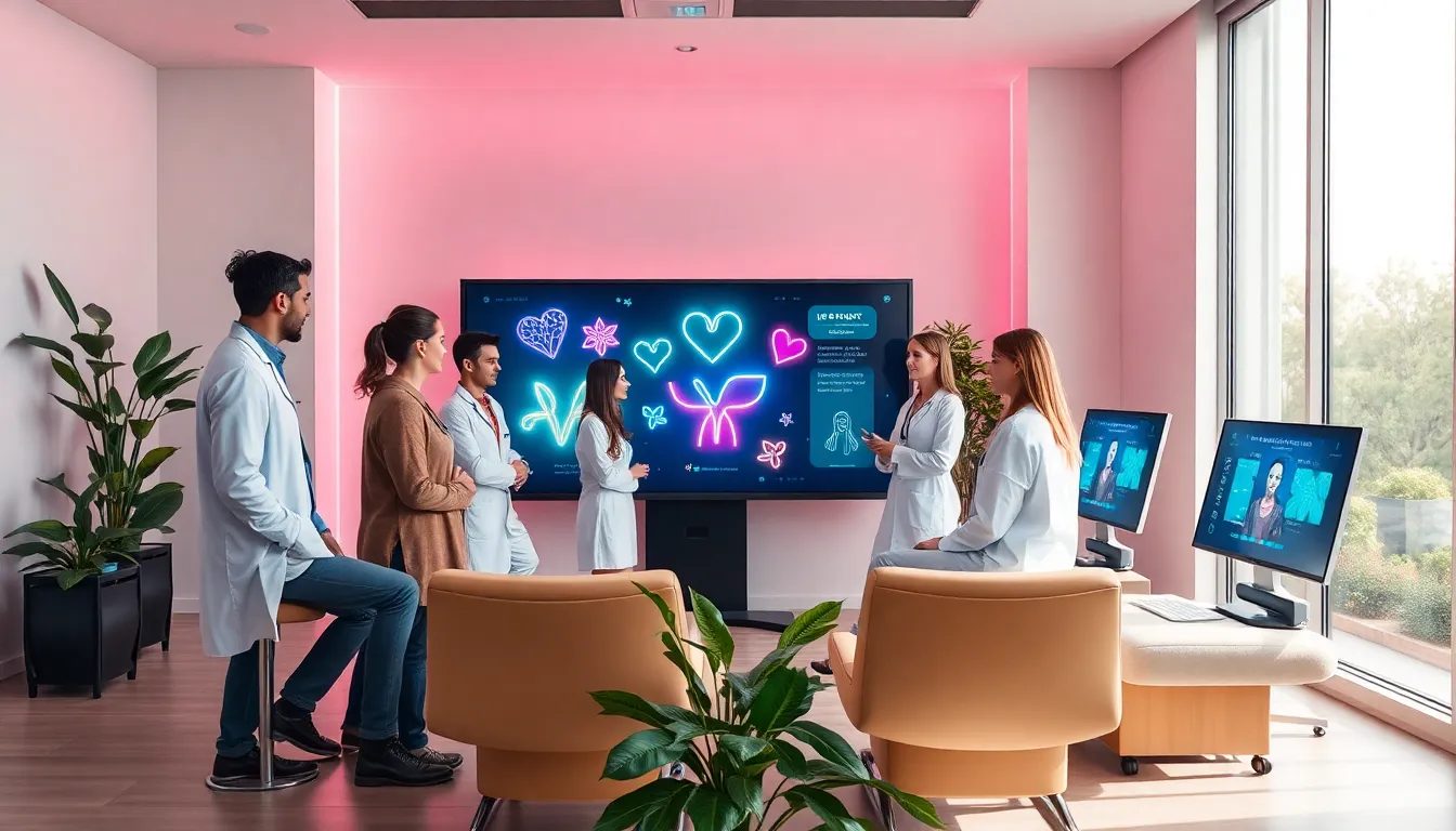 wellness center with diverse professionals discussing virtual neon healing.