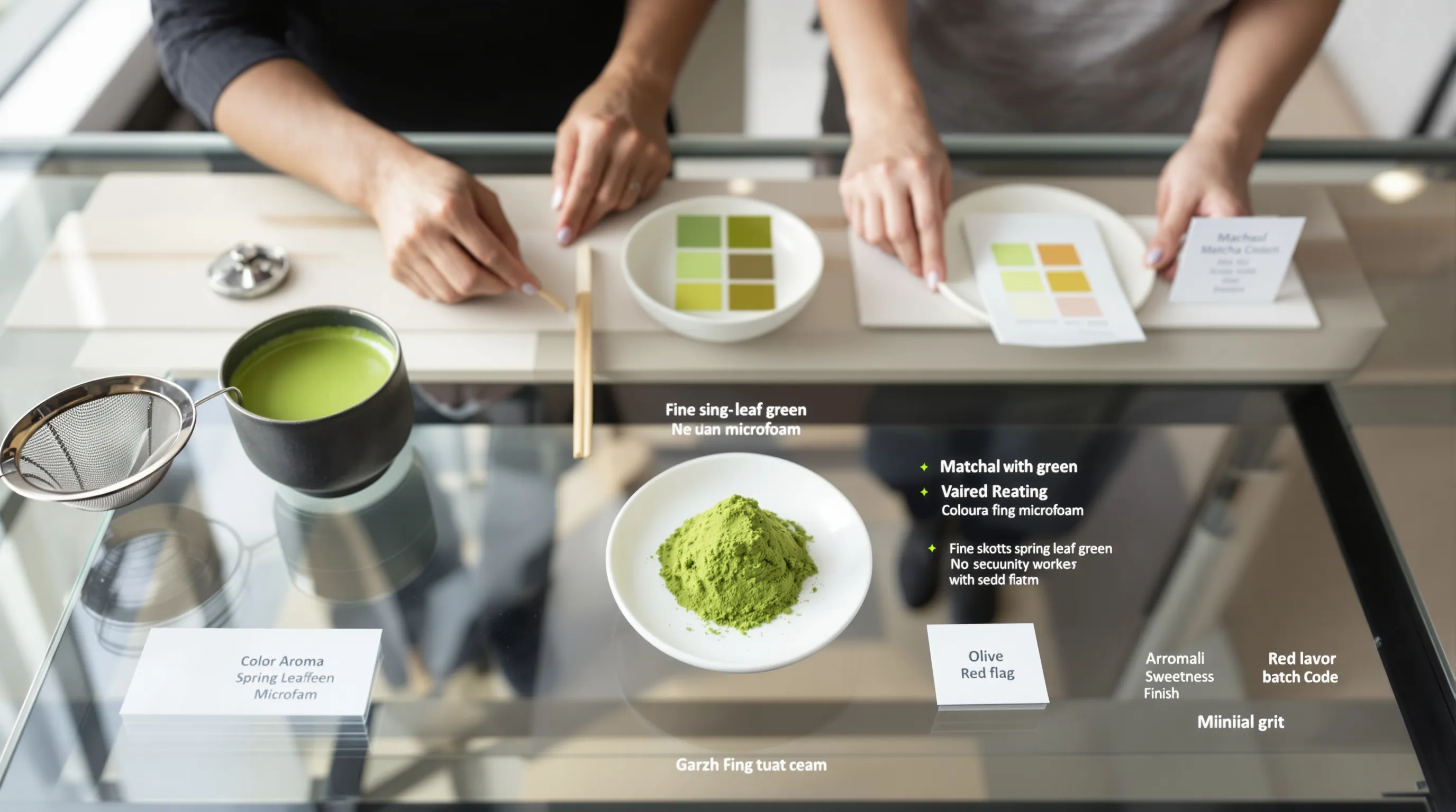 Tea experts assess vibrant matcha color, aroma, and microfoam in a modern lab.