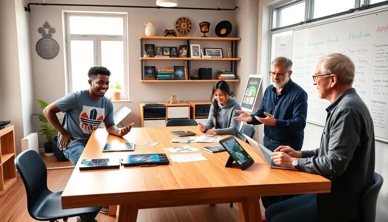 game developers collaborating in a modern studio setting.