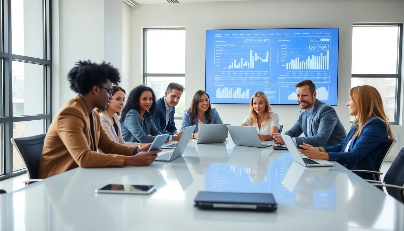 diverse team collaborating in a modern office with technology.