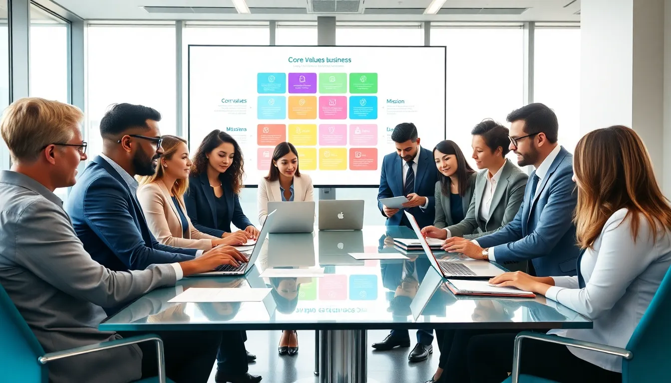 business professionals discussing core values in a modern office.