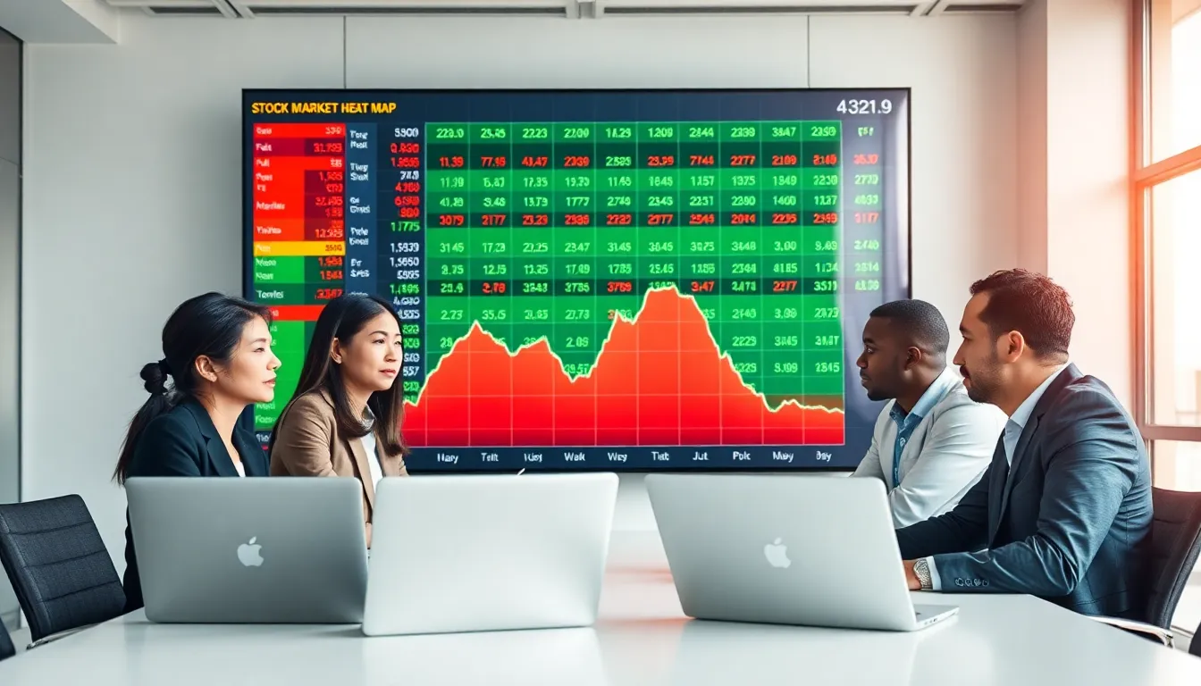 professionals analyzing a live stock market heat map display in an office.