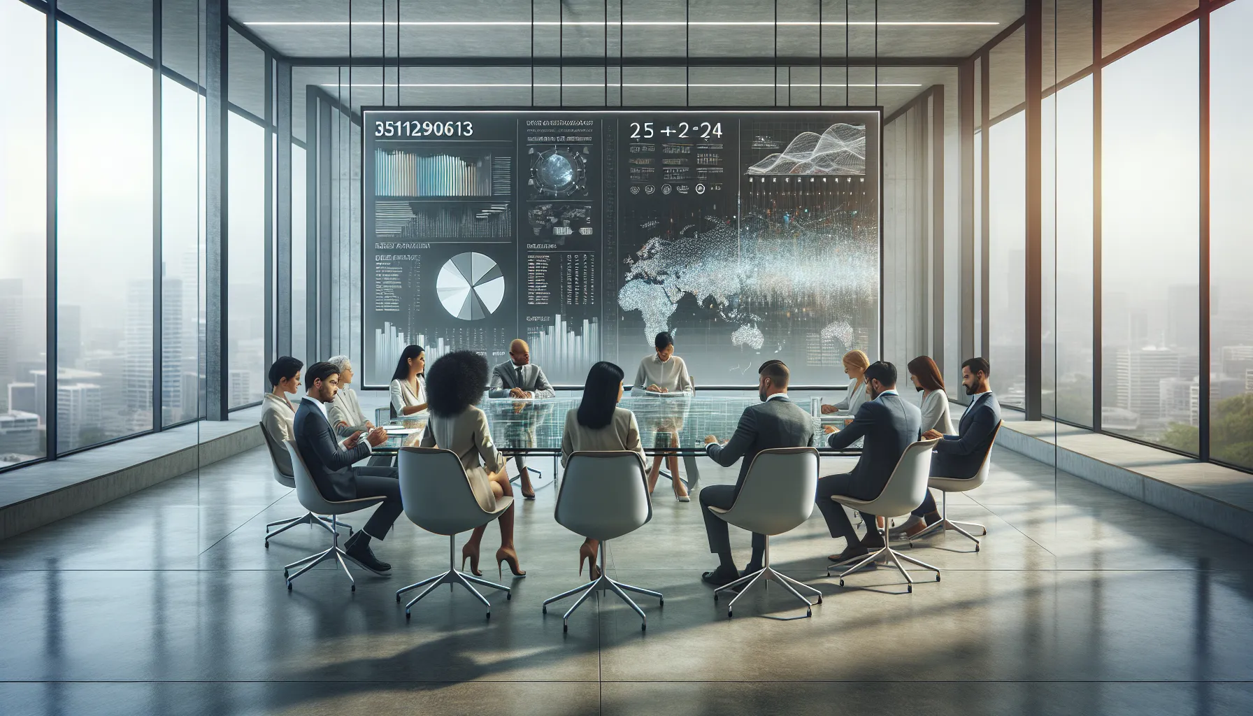 diverse professionals discussing a data display in a modern office.
