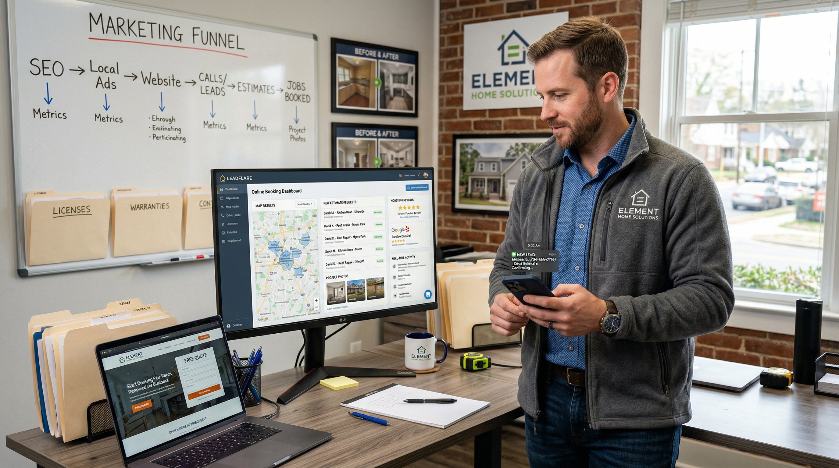 Local business owner managing incoming leads and booked jobs in an office.