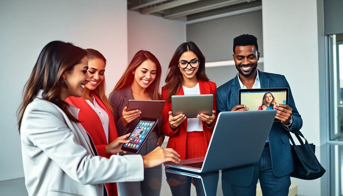 diverse shoppers engaging with an online marketplace interface in a modern office.