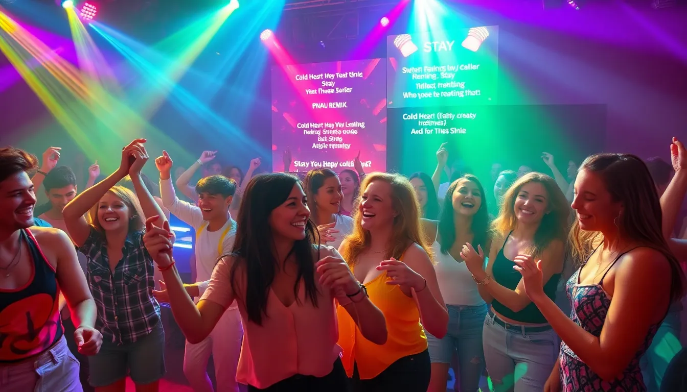 young adults dancing on a vibrant dance floor with colorful lights.