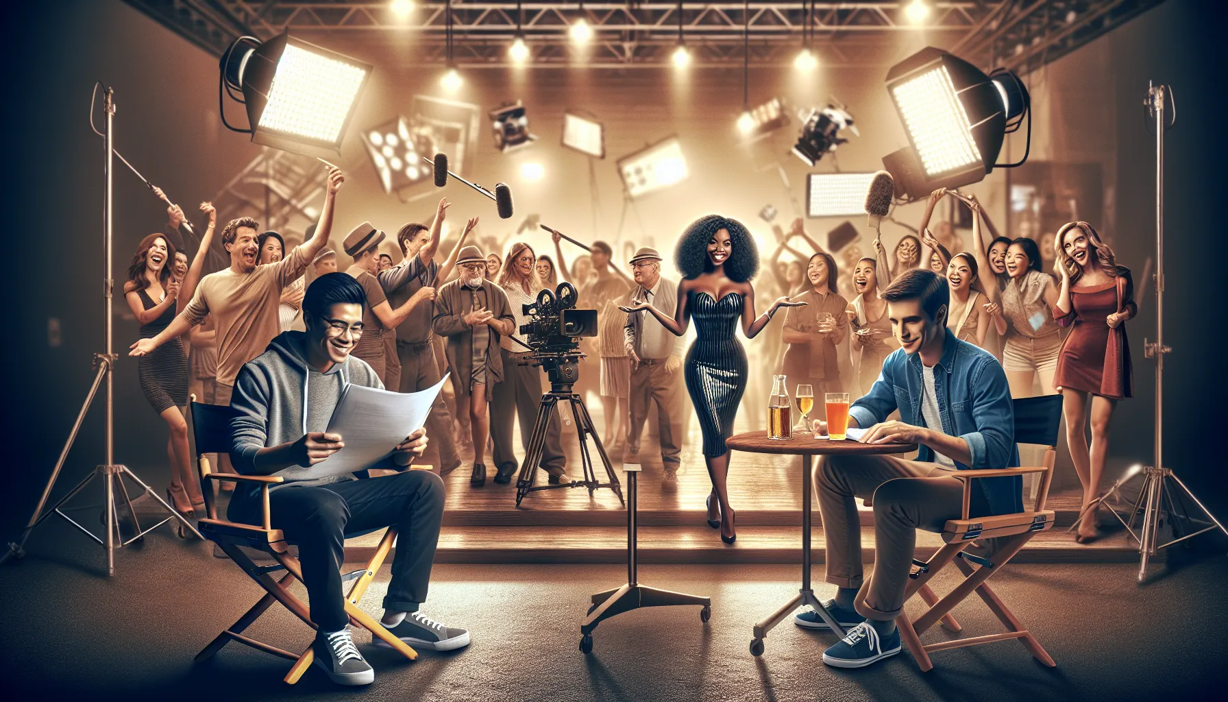 An actor reviews a script while a star interacts with fans on a film set.