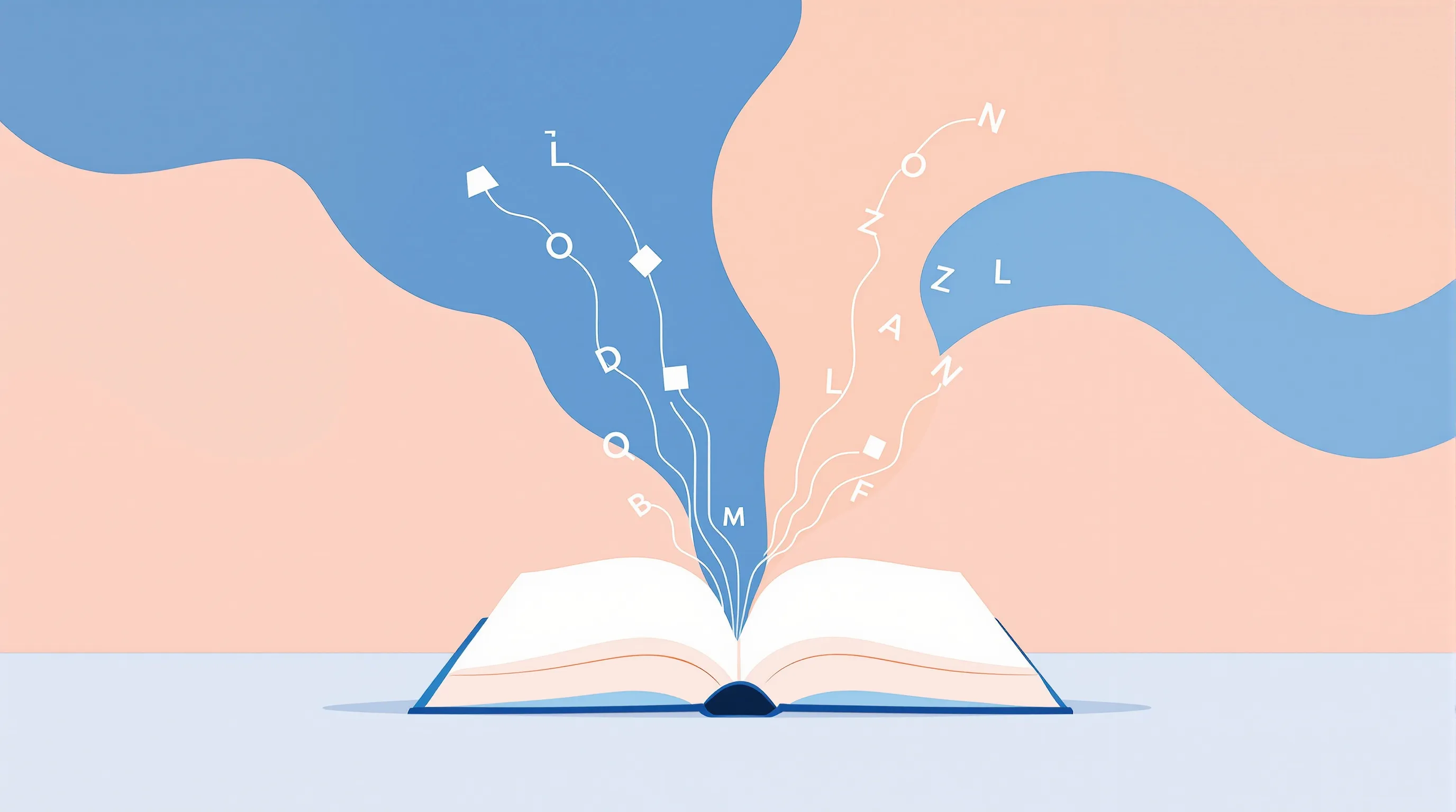 Open book with flowing lines splitting into shapes and letters on white background.