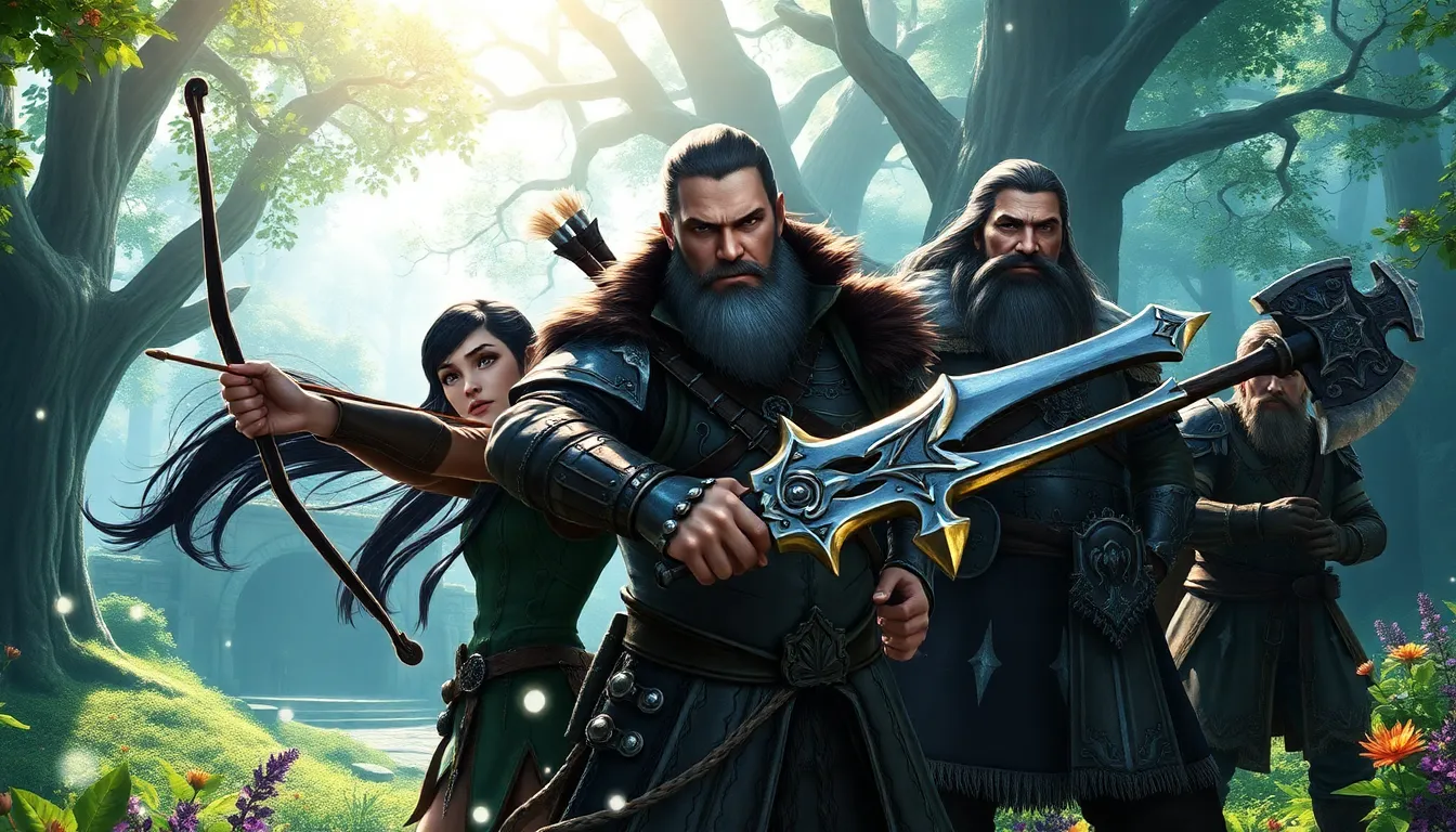 a group of adventurers preparing for a quest in a magical forest in Neverwinter.