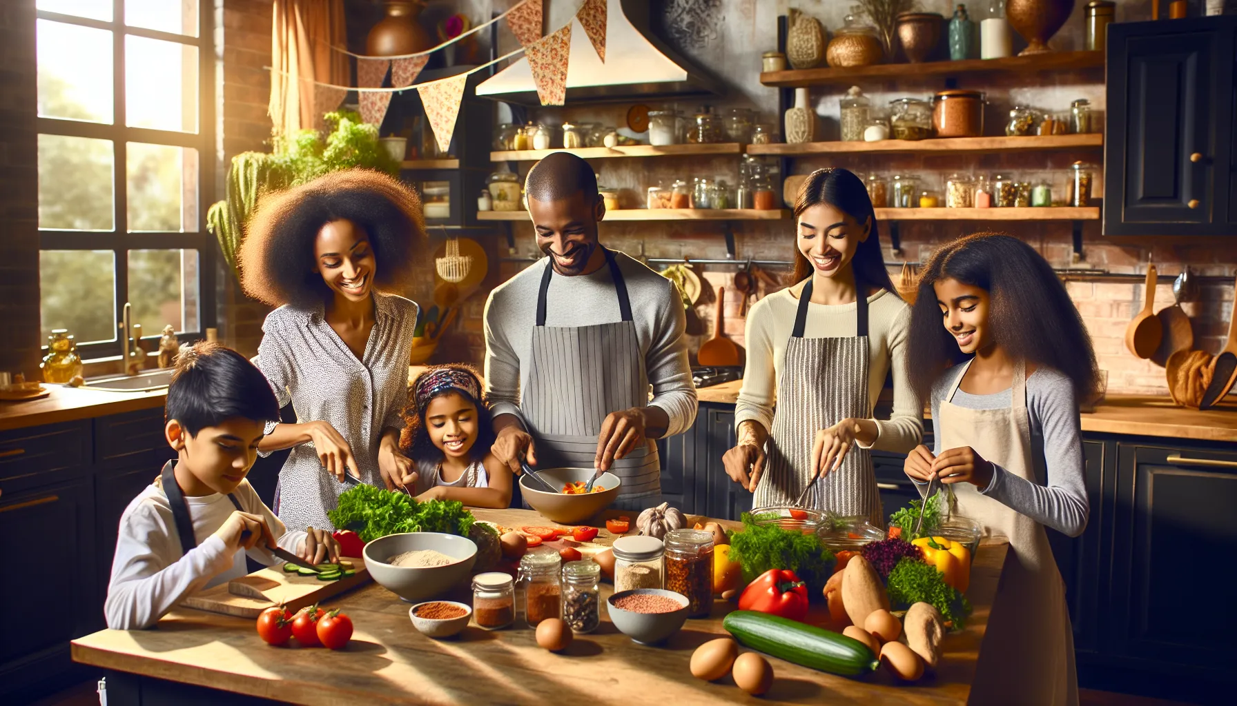 family cooking healthy meals together in a modern kitchen.