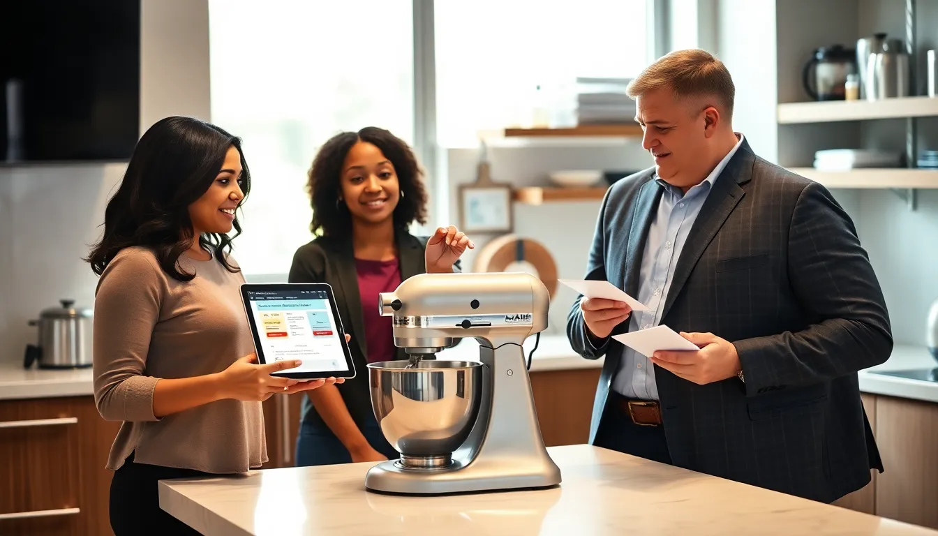 diverse individuals discussing KitchenAid product registration in a modern kitchen.