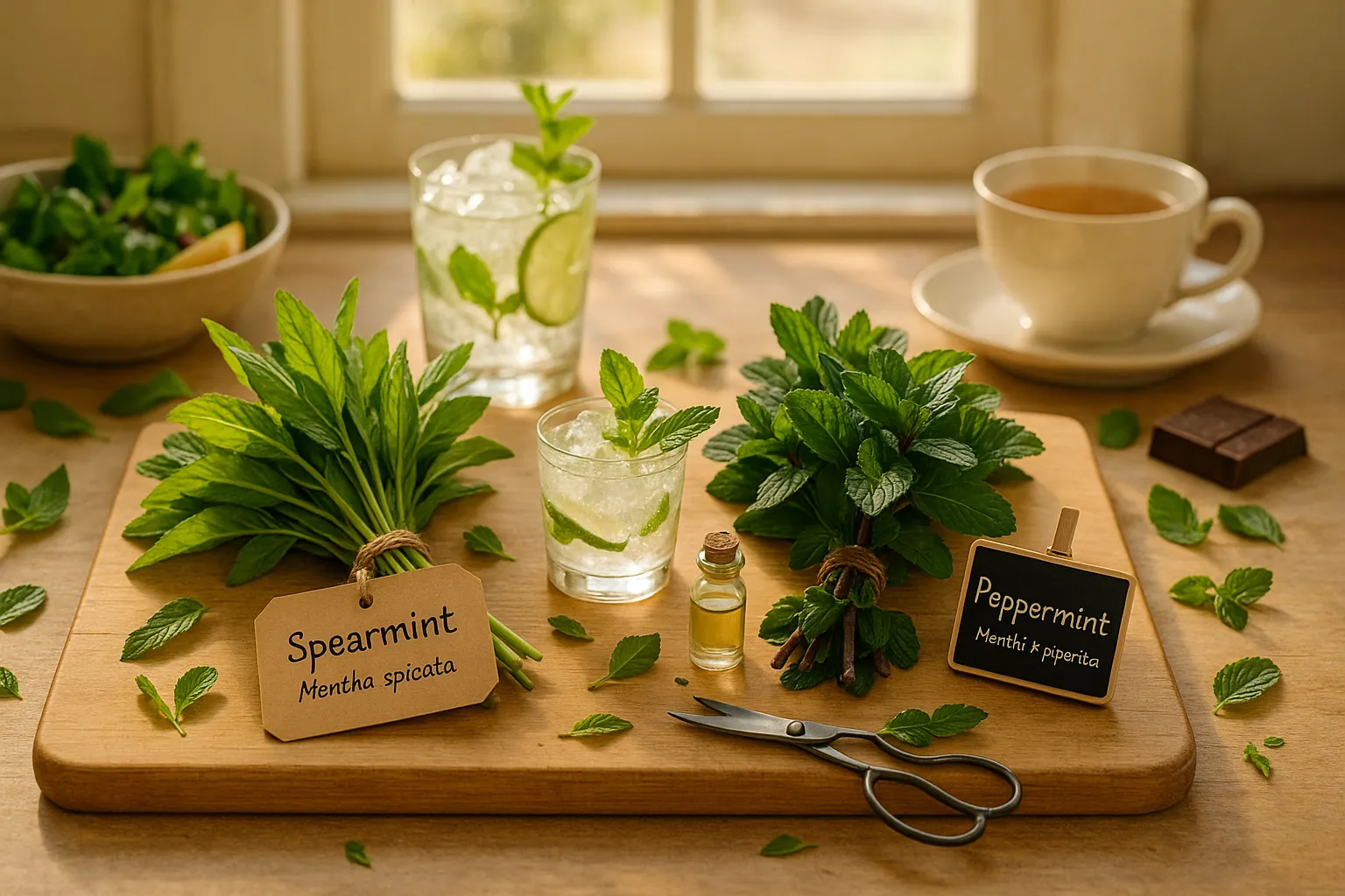 Two labeled bunches of spearmint and peppermint on a kitchen board.
