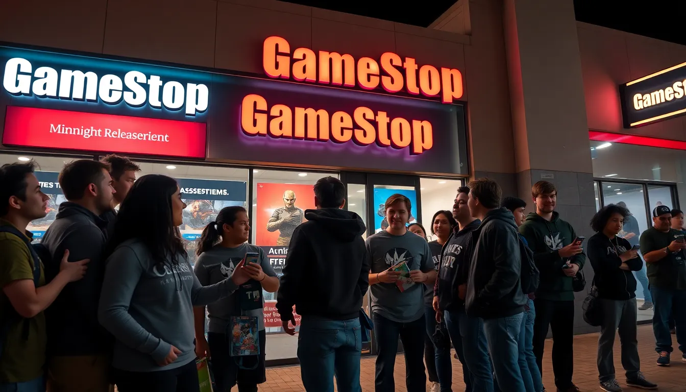 gamers excitedly waiting outside GameStop for a midnight game release.