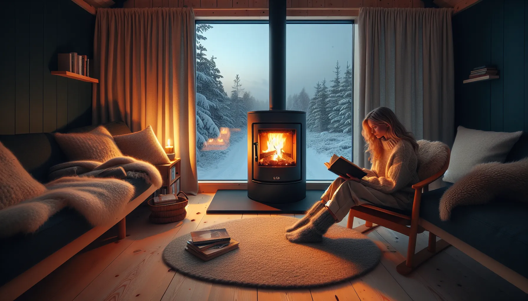 Hvordan skape en koselig atmosfære med bærekraftige oppvarmingsløsninger 2 Cozy norwegian living room with clean-burning stove and smart zoned heating.