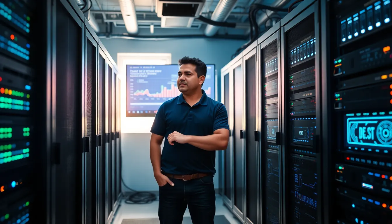 A technician working in a modern server room, focused on web development.