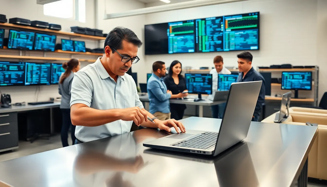 technicians repairing laptops in a modern tech workshop.