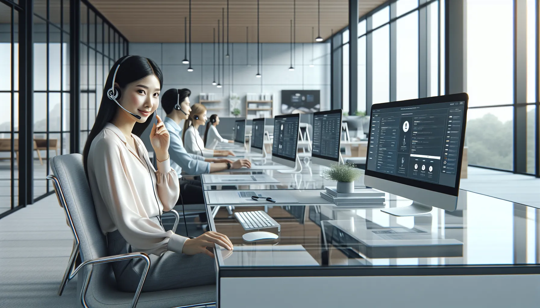 diverse professionals handling calls in a modern office.