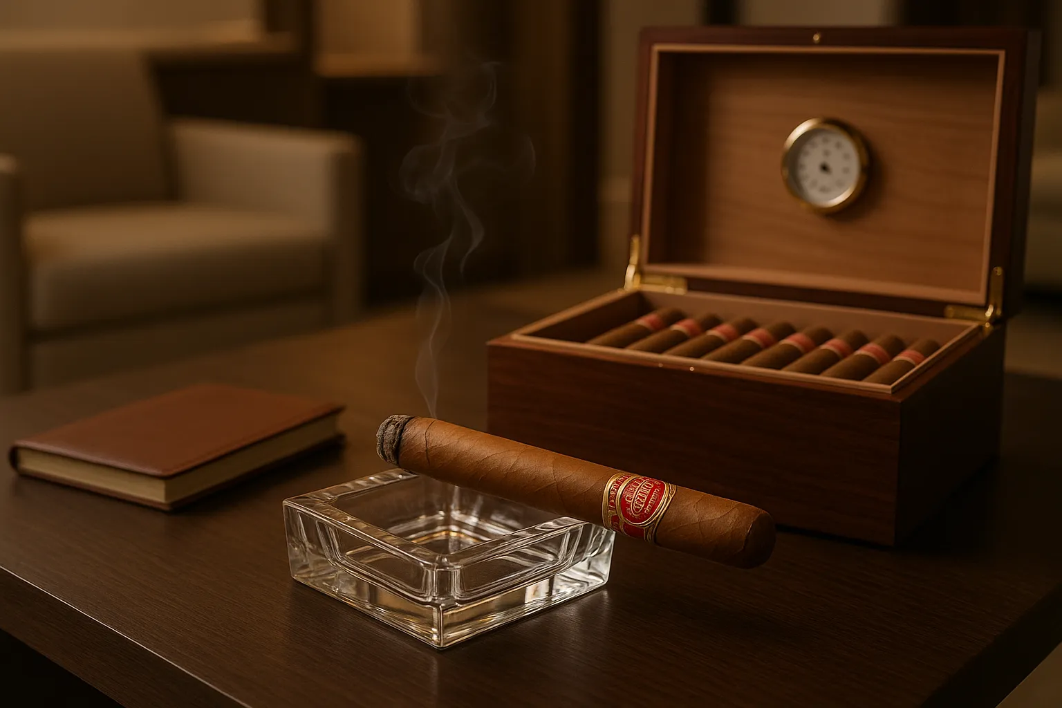 Luxury cigar beside an open humidor in a refined lounge setting.