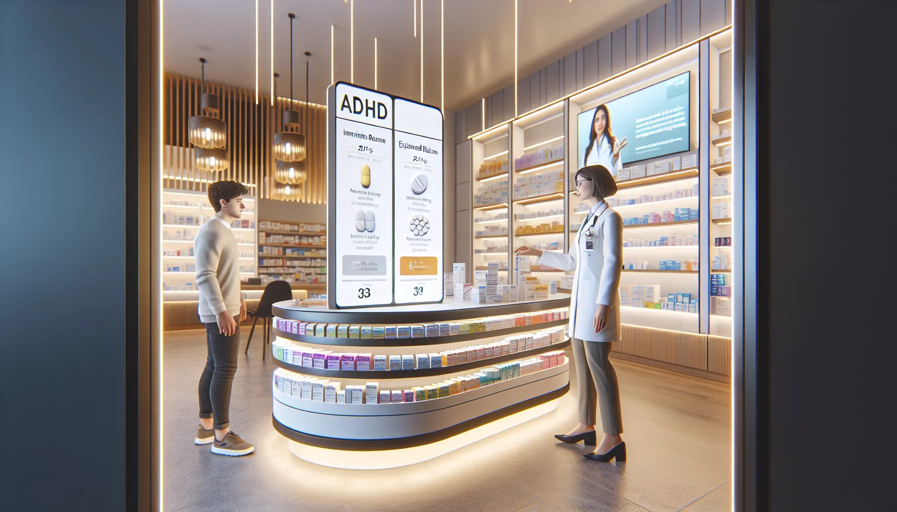 A pharmacist explaining Adderall options to a customer in a modern pharmacy.