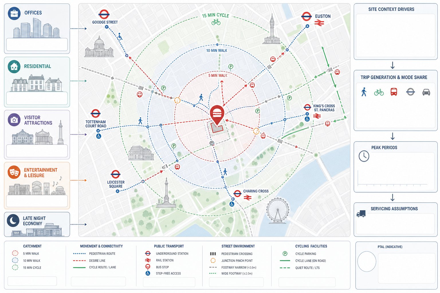 Central London site catchment map with walking, cycling, and public transport access.