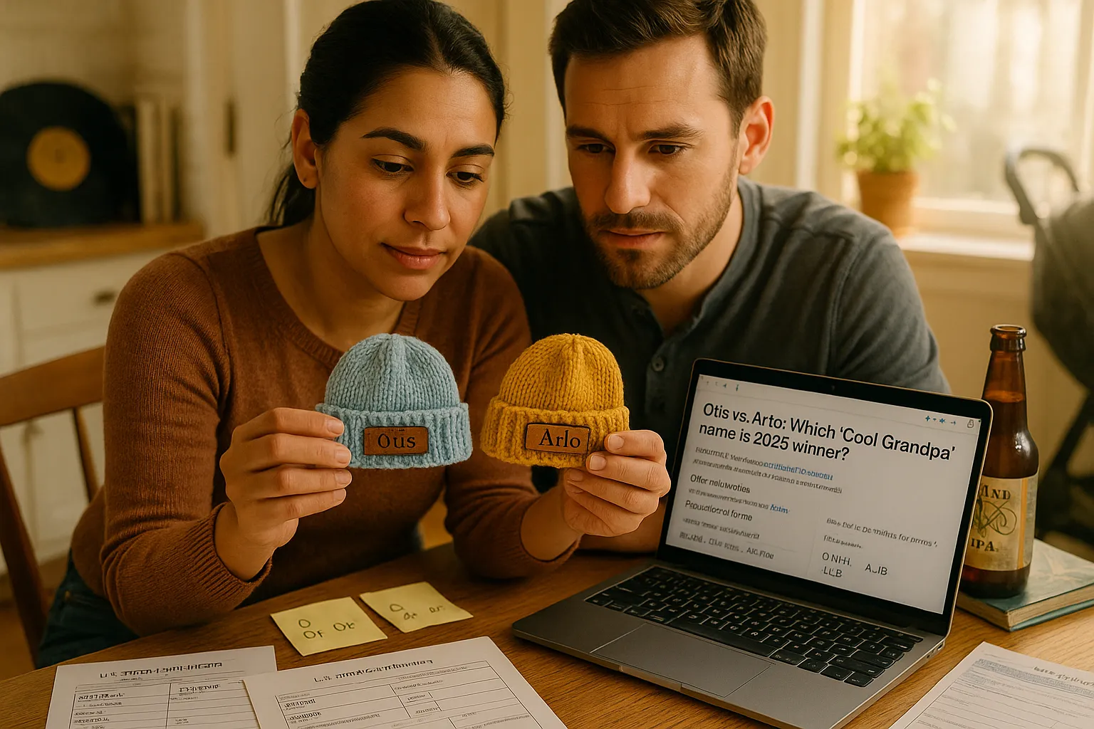 Couple comparing baby beanies labeled Otis and Arlo at a kitchen table.