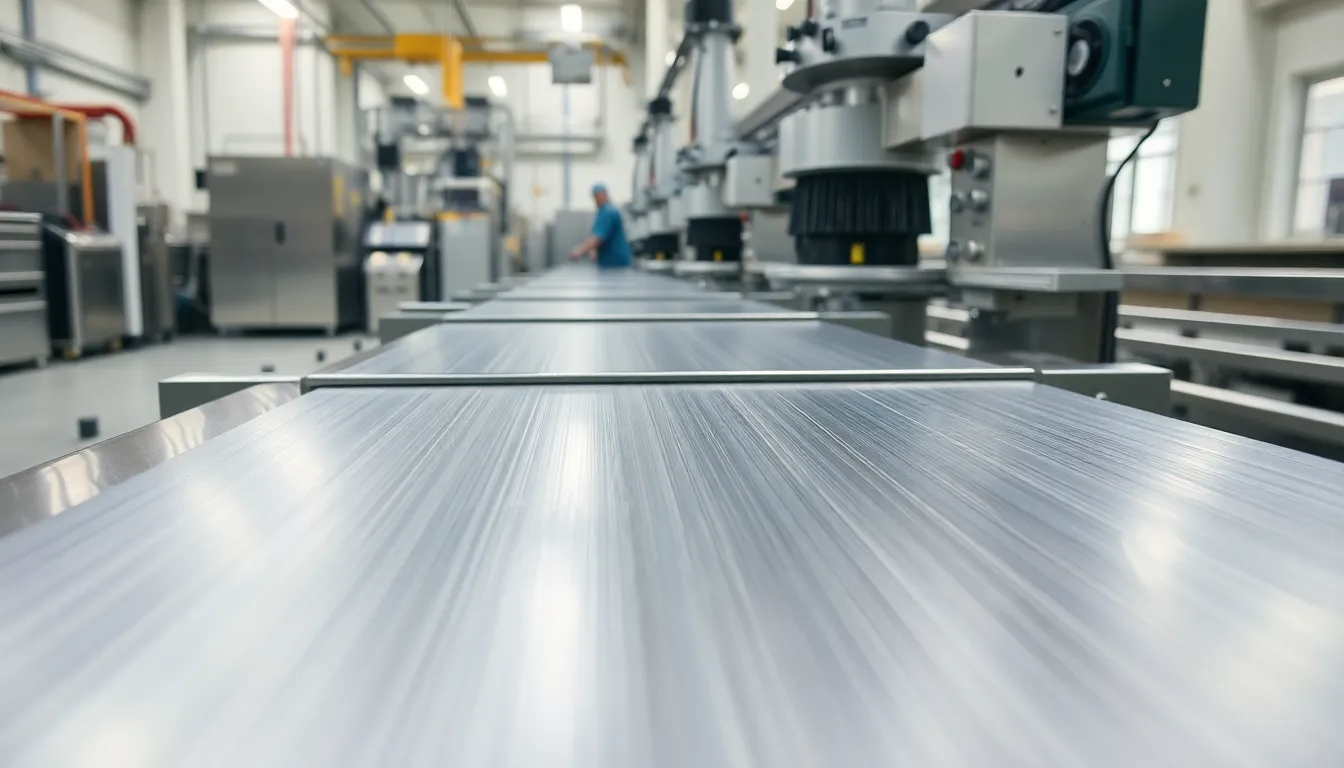 Close-up of brushed aluminum panels in a modern manufacturing facility.